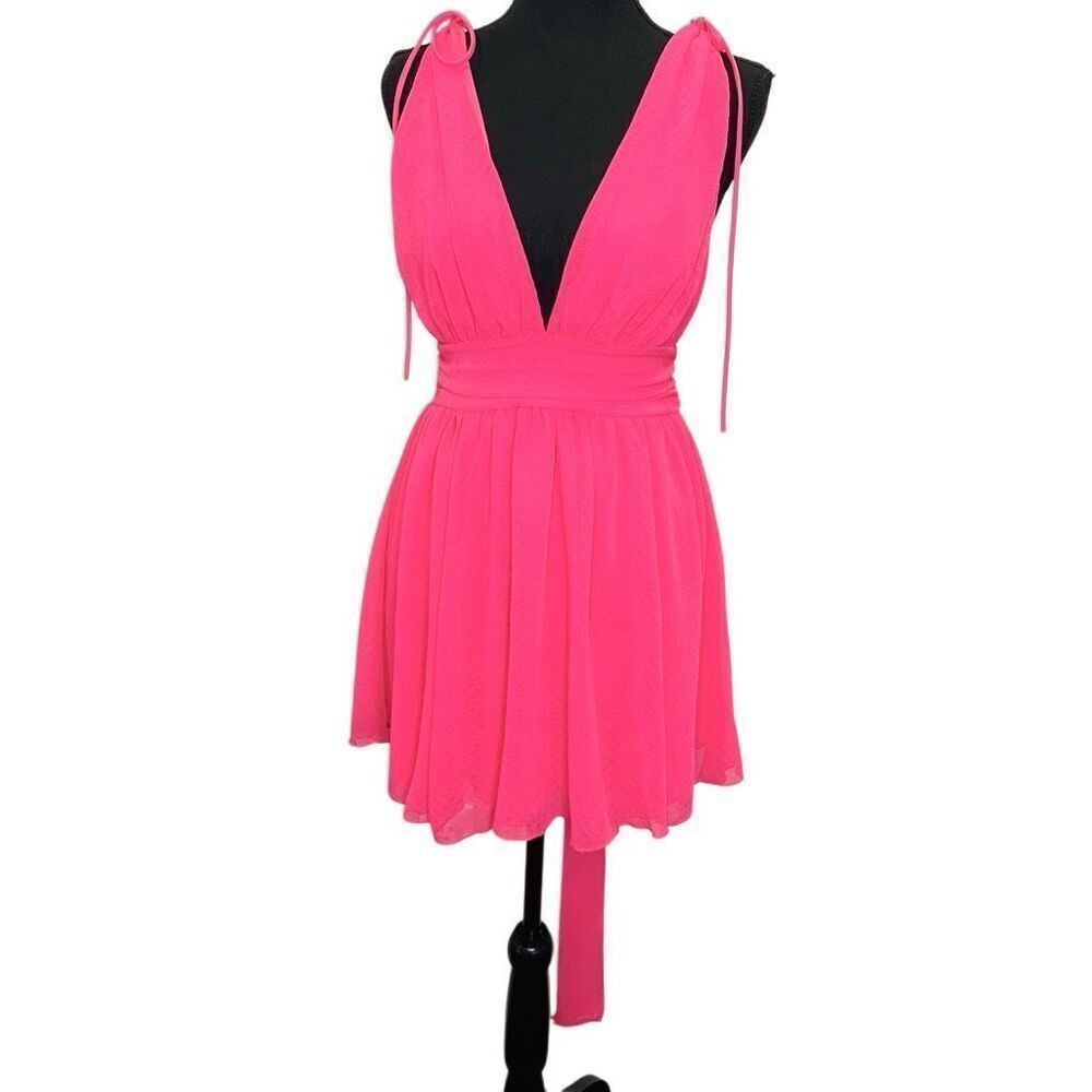 Lucy In The Sky Plunge Cinched Shoulder Fit & Flare Mini Dress Pink Small